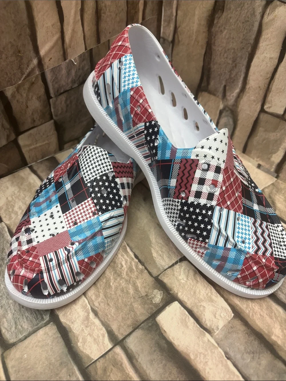 Sperry Top-Sider Float boat shoes featuring a patchwork Americana plaid pattern